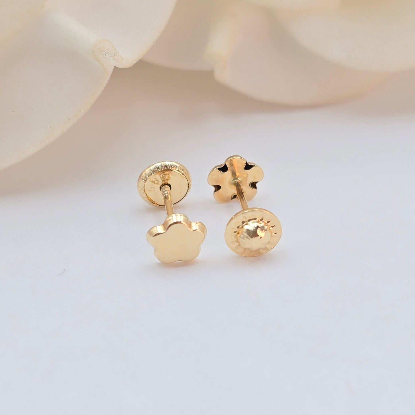 14k Gold Polished Flower Stud Earrings - Spanish Backings - 5mm Flower- For Babies- For Her