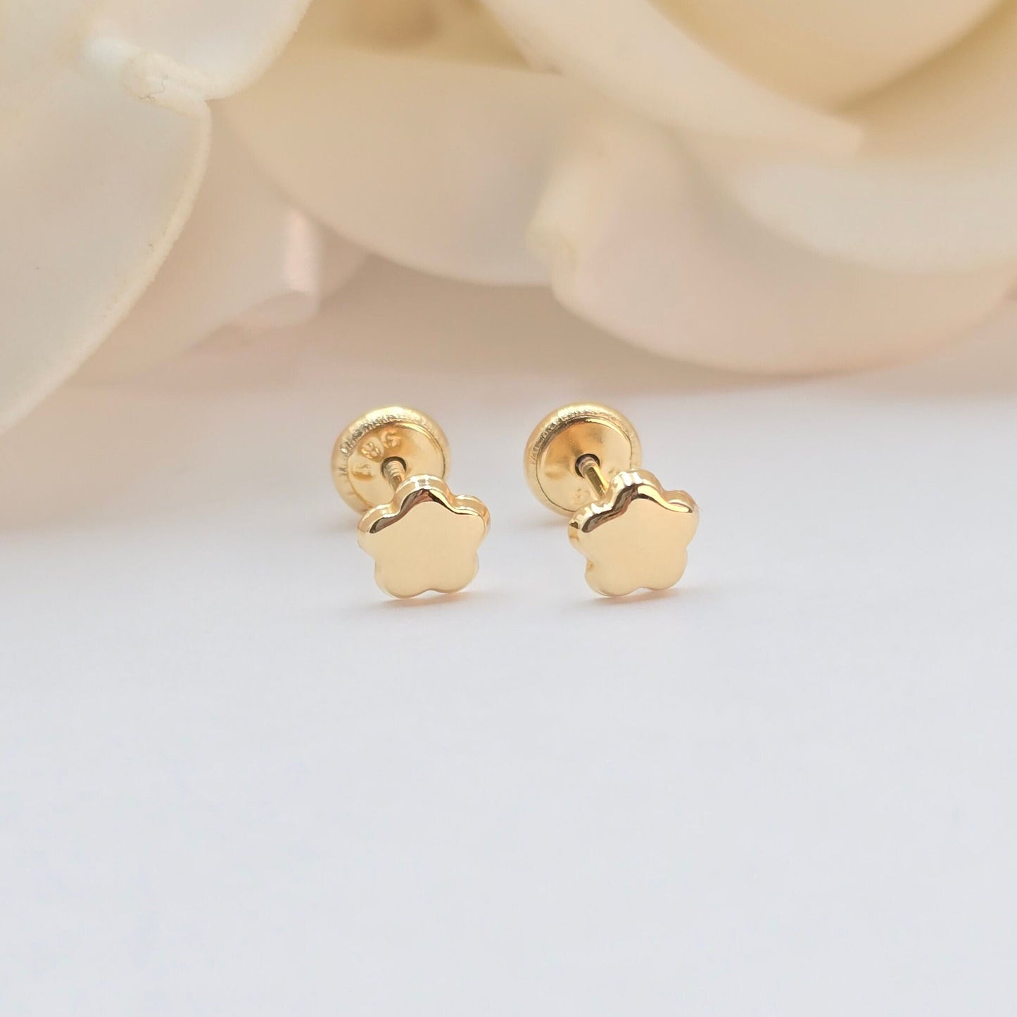 14k Gold Polished Flower Stud Earrings - Spanish Backings - 5mm Flower- For Babies- For Her