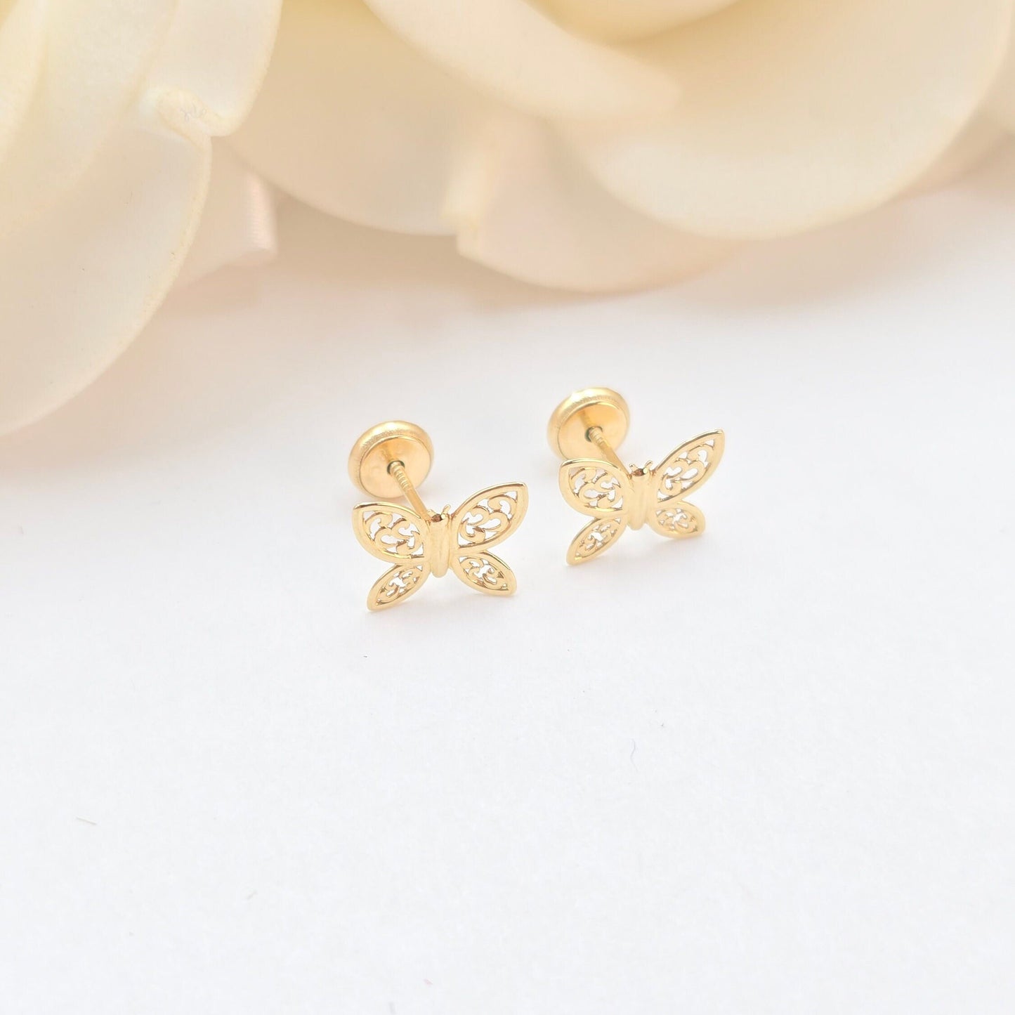 14k Gold Detailed Butterfly Stud Earrings - Spanish Backings - 9mm Butterfly - For Her