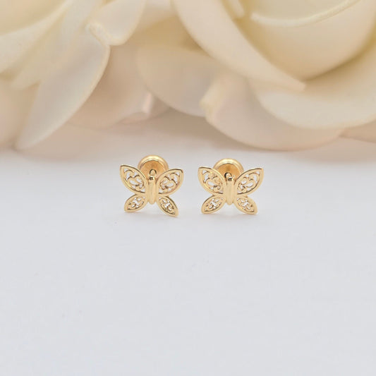 14k Gold Detailed Butterfly Stud Earrings - Spanish Backings - 9mm Butterfly - For Her