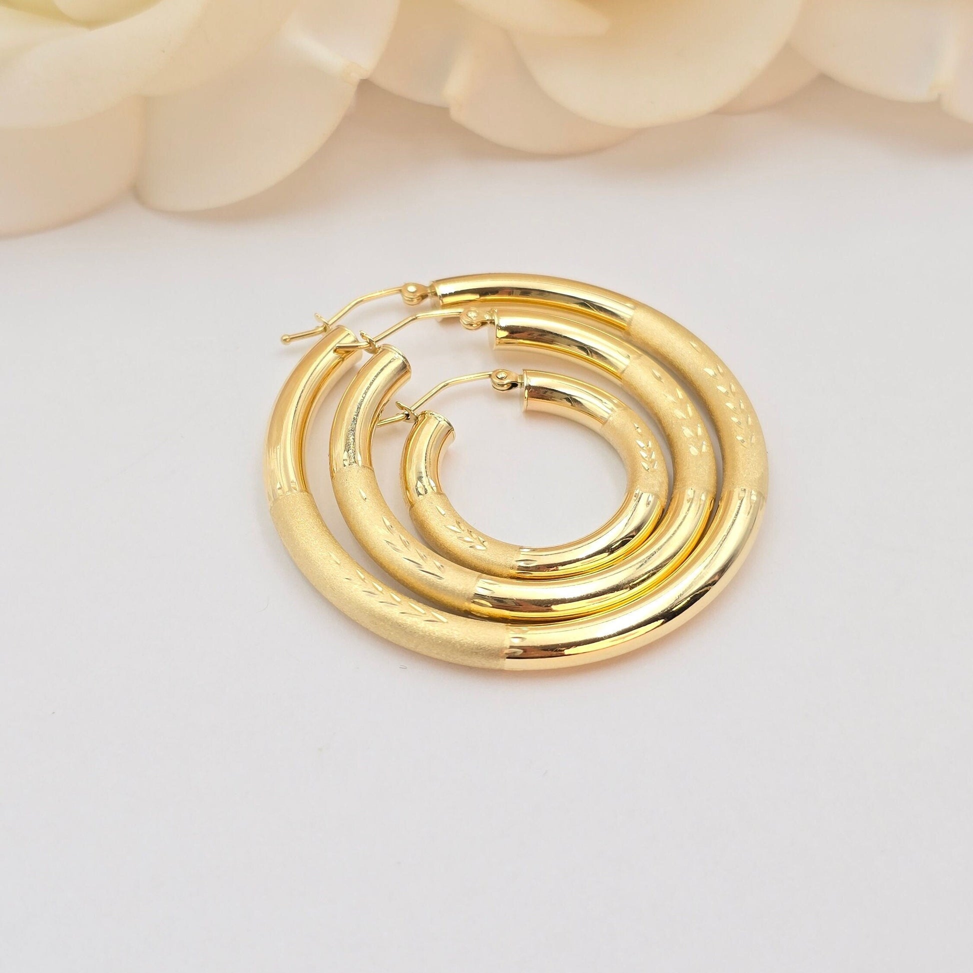 14k Gold Half Diamond Cut Half Polished Thick Hoop Earrings - 24mm, 35mm, 45mm, - Gift For Her - Genuine Gold