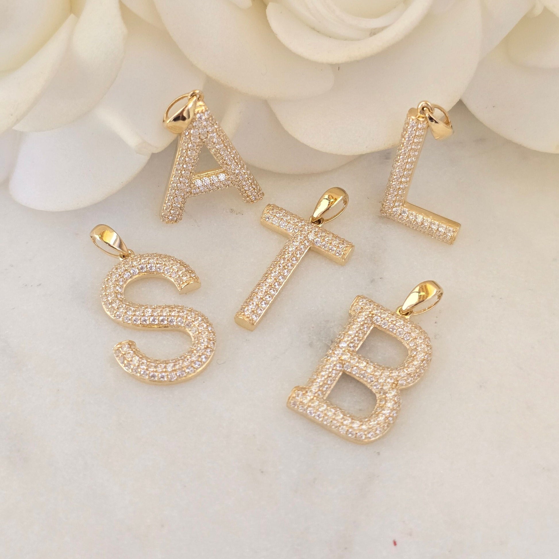 Solid 14k Shiny Pave Initials - A to Z - Perfect Gift - Unisex - Medium sized - Gift For Her/Him