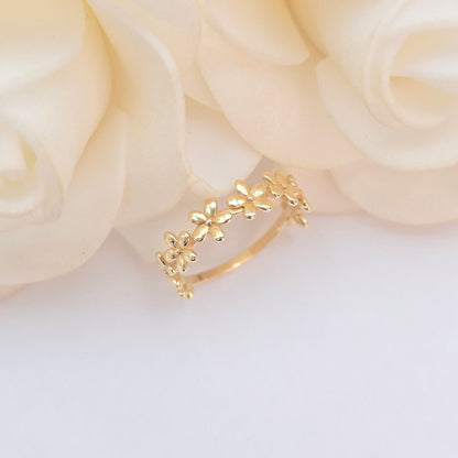 Solid 14k Gold Flowers Ring Band - For Her - Statement ring - Gift Idea - Anniversary Gift - Genuine Gold