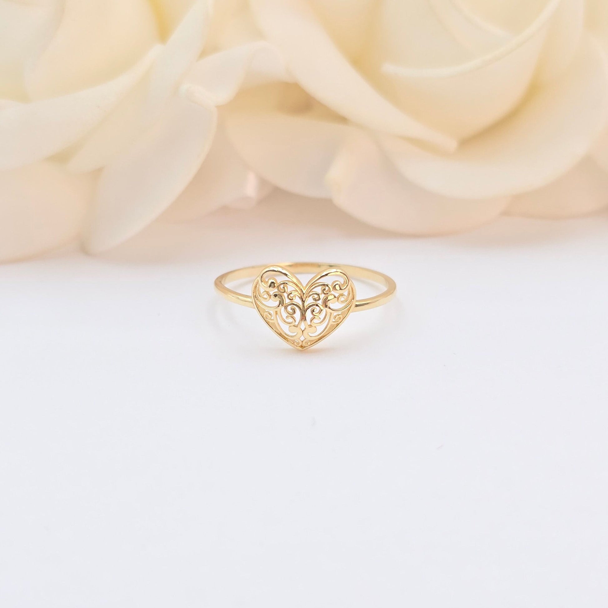 14k Gold Filigree Heart Ring - For Her - Perfect Gift - Statement Ring - Genuine Gold