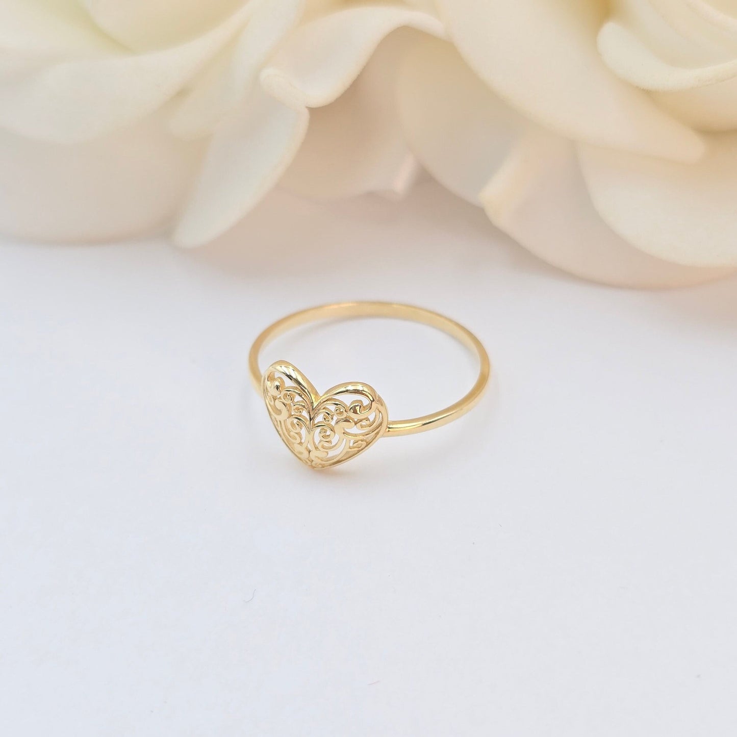 14k Gold Filigree Heart Ring - For Her - Perfect Gift - Statement Ring - Genuine Gold