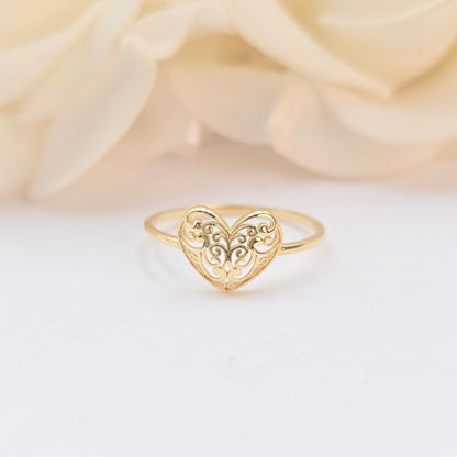 14k Gold Filigree Heart Ring - For Her - Perfect Gift - Statement Ring - Genuine Gold