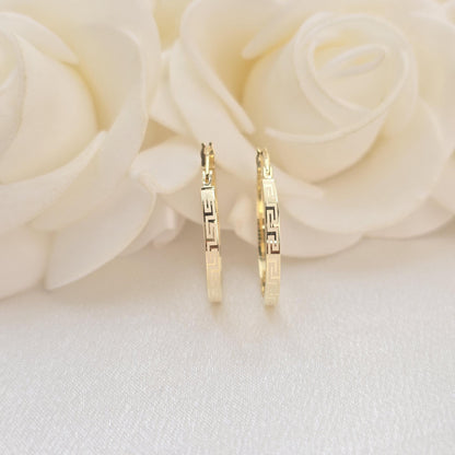 14k Gold 2mm Greek pattern Hoop Earrings - 22mm/0.86" - Versatile & Lightweight - For Her