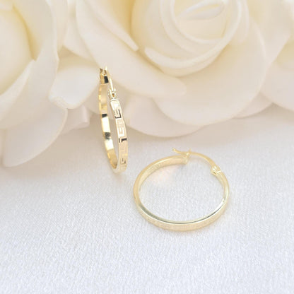 14k Gold 2mm Greek pattern Hoop Earrings - 22mm/0.86" - Versatile & Lightweight - For Her