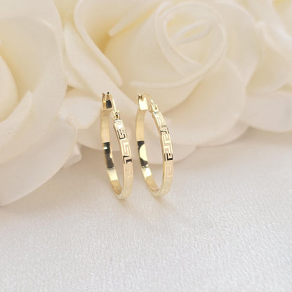 14k Gold 2mm Greek pattern Hoop Earrings - 22mm/0.86" - Versatile & Lightweight - For Her