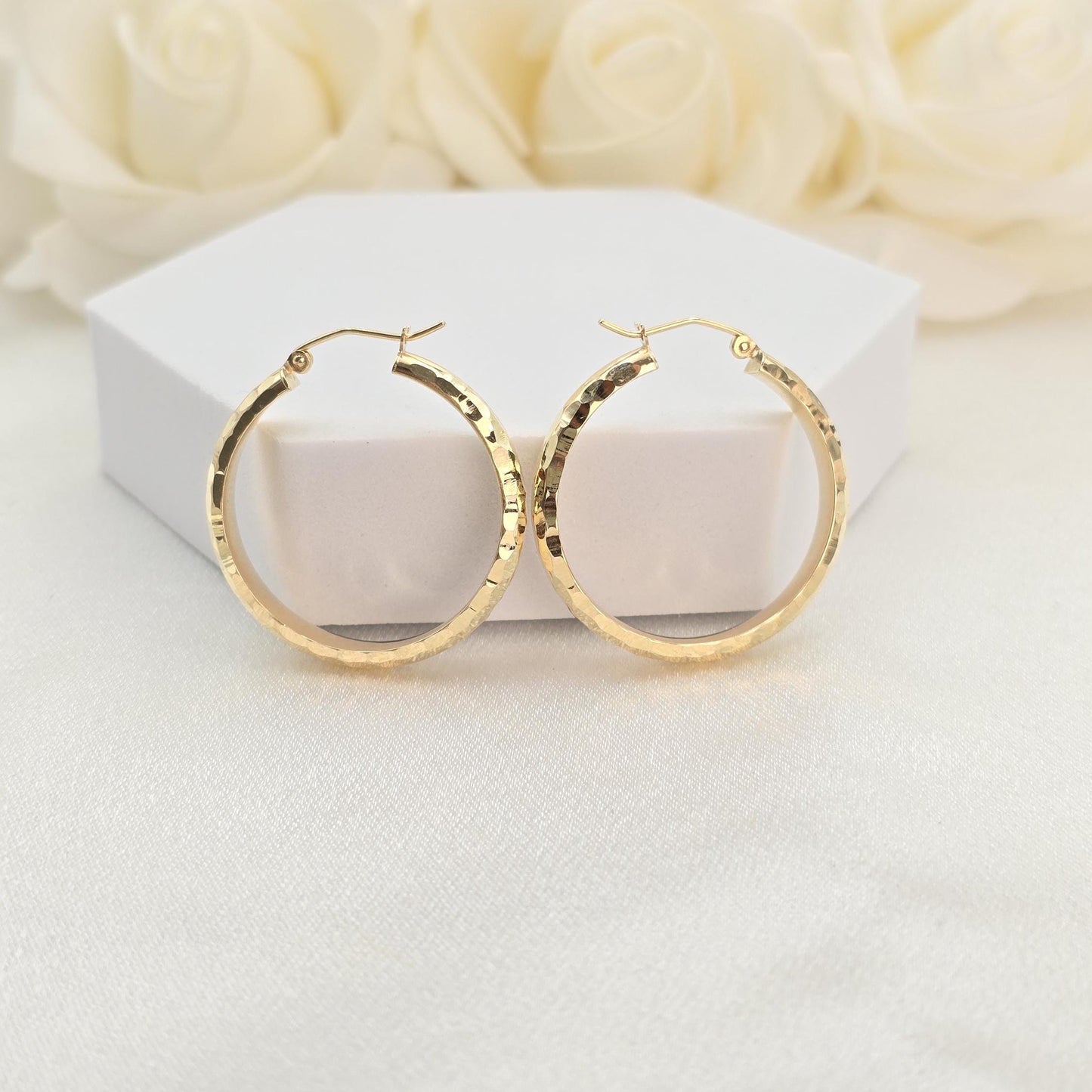 14k Gold Hammered Texture Hoop Earrings - 20mm, 30mm, 40mm - Shiny & Elegant - Fine Jewelry For Her