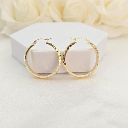 14k Gold Hammered Texture Hoop Earrings - 20mm, 30mm, 40mm - Shiny & Elegant - Fine Jewelry For Her