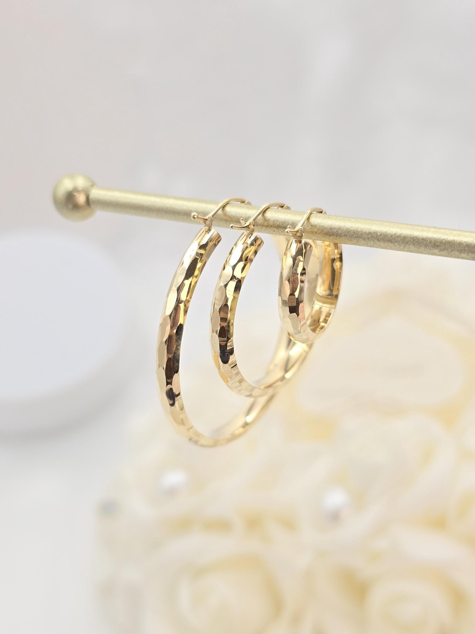 14k Gold Hammered Texture Hoop Earrings - 20mm, 30mm, 40mm - Shiny & Elegant - Fine Jewelry For Her