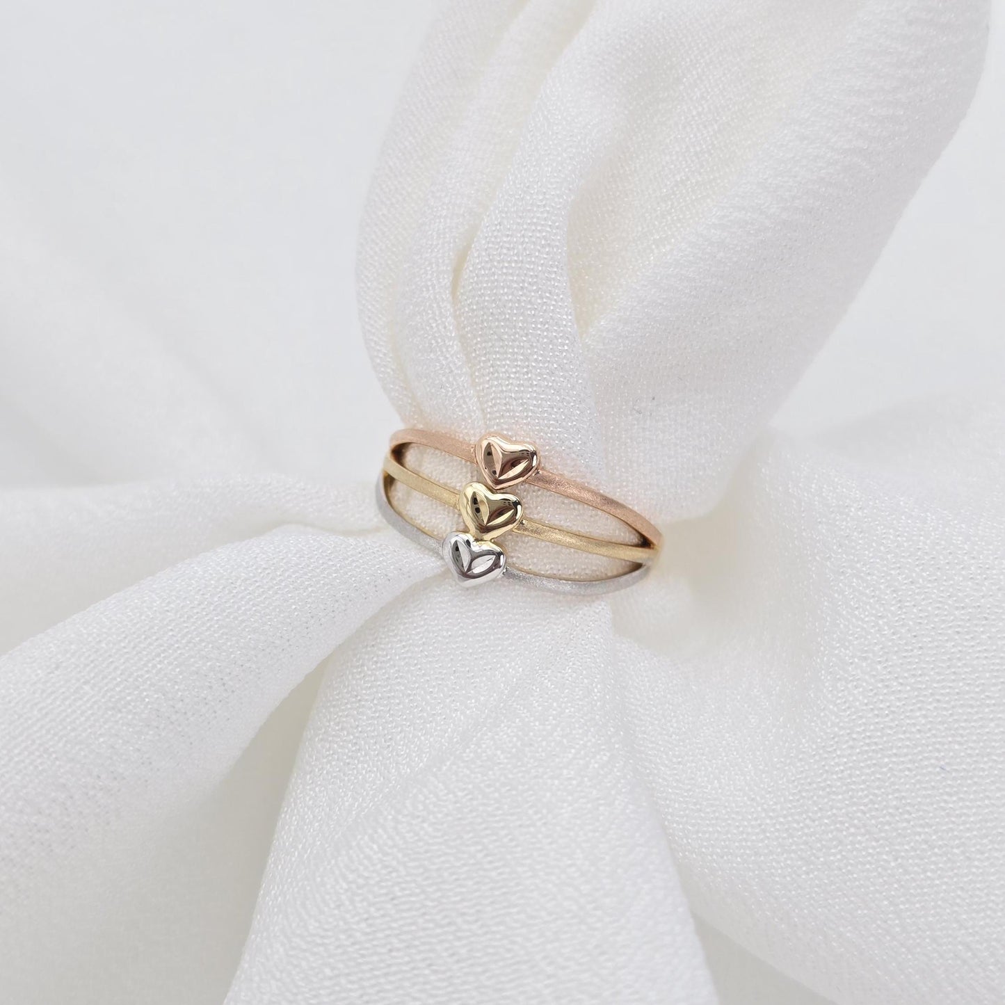 Solid 14k Gold Triple Tricolor Heart Ring - For Her - Statement Ring - Meaning Jewelry