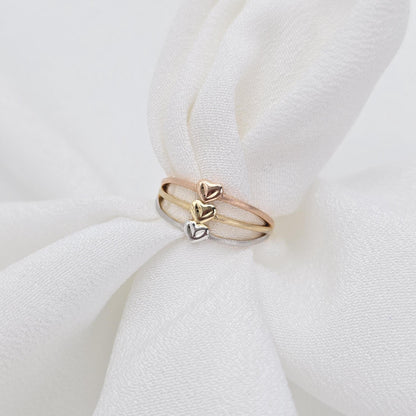 Solid 14k Gold Triple Tricolor Heart Ring - For Her - Statement Ring - Meaning Jewelry