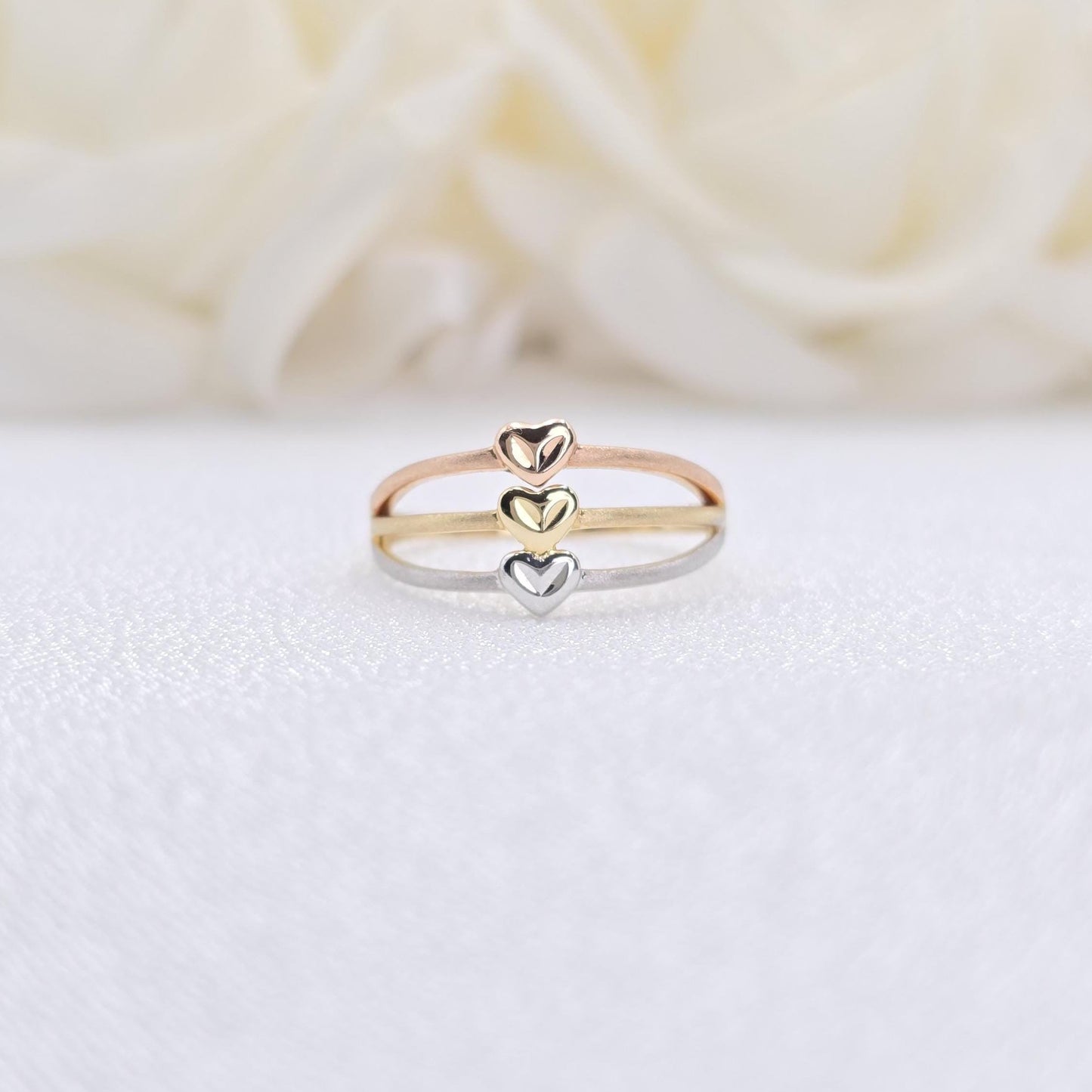 Solid 14k Gold Triple Tricolor Heart Ring - For Her - Statement Ring - Meaning Jewelry