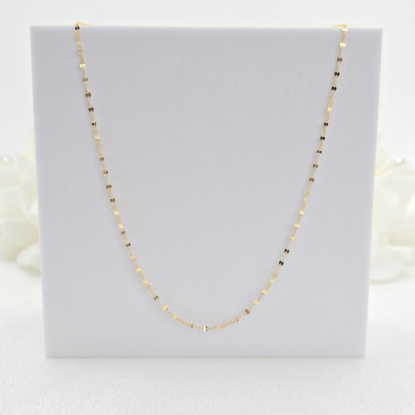 Dainty 14k Gold Mirror Chain - Hammered Necklace - Minimalist Fine Jewelry - Gift For Her