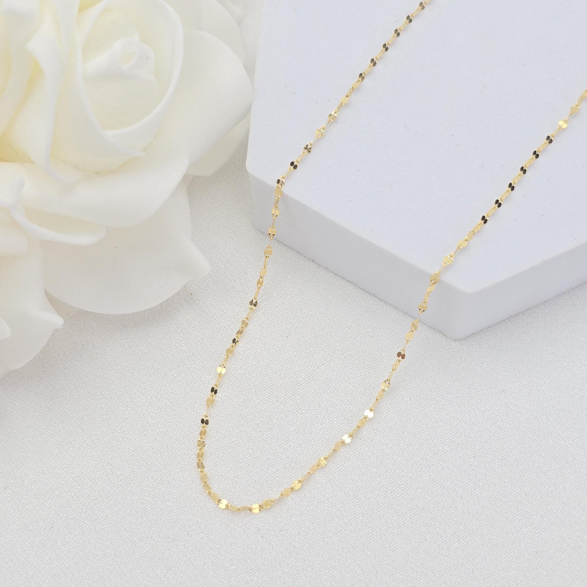 Dainty 14k Gold Mirror Chain - Hammered Necklace - Minimalist Fine Jewelry - Gift For Her