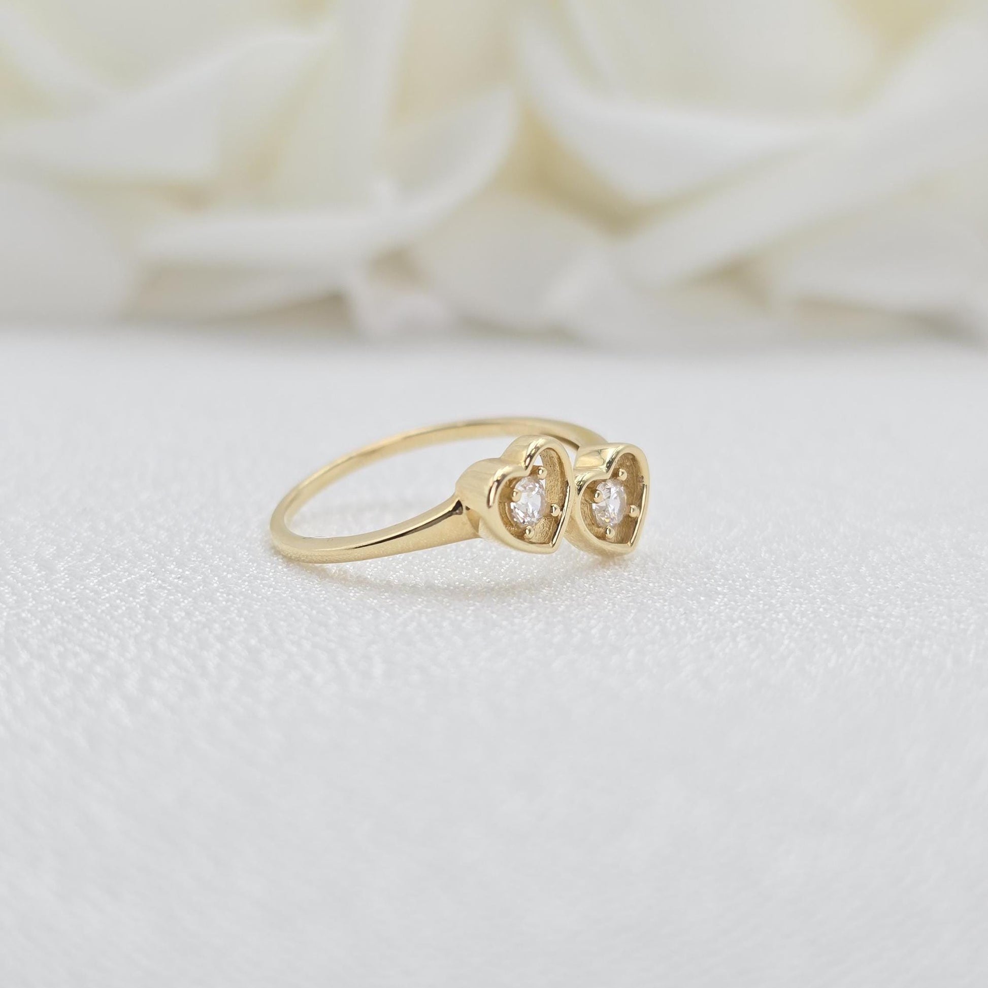 Solid 14k Gold Double Heart Ring - Fine Jewelry For Her - CZ - Elegant & Cute