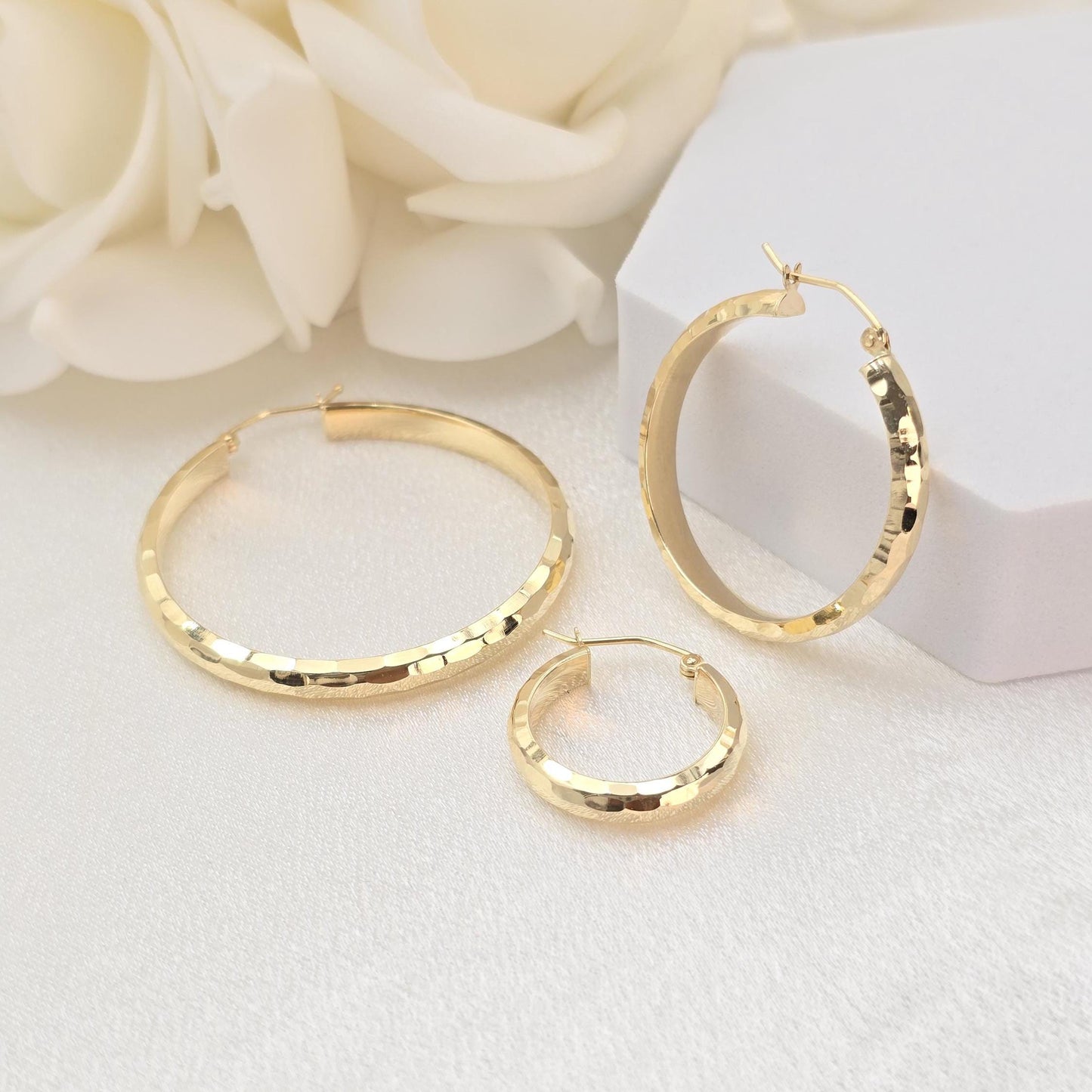 14k Gold Hammered Texture Hoop Earrings - 20mm, 30mm, 40mm - Shiny & Elegant - Fine Jewelry For Her