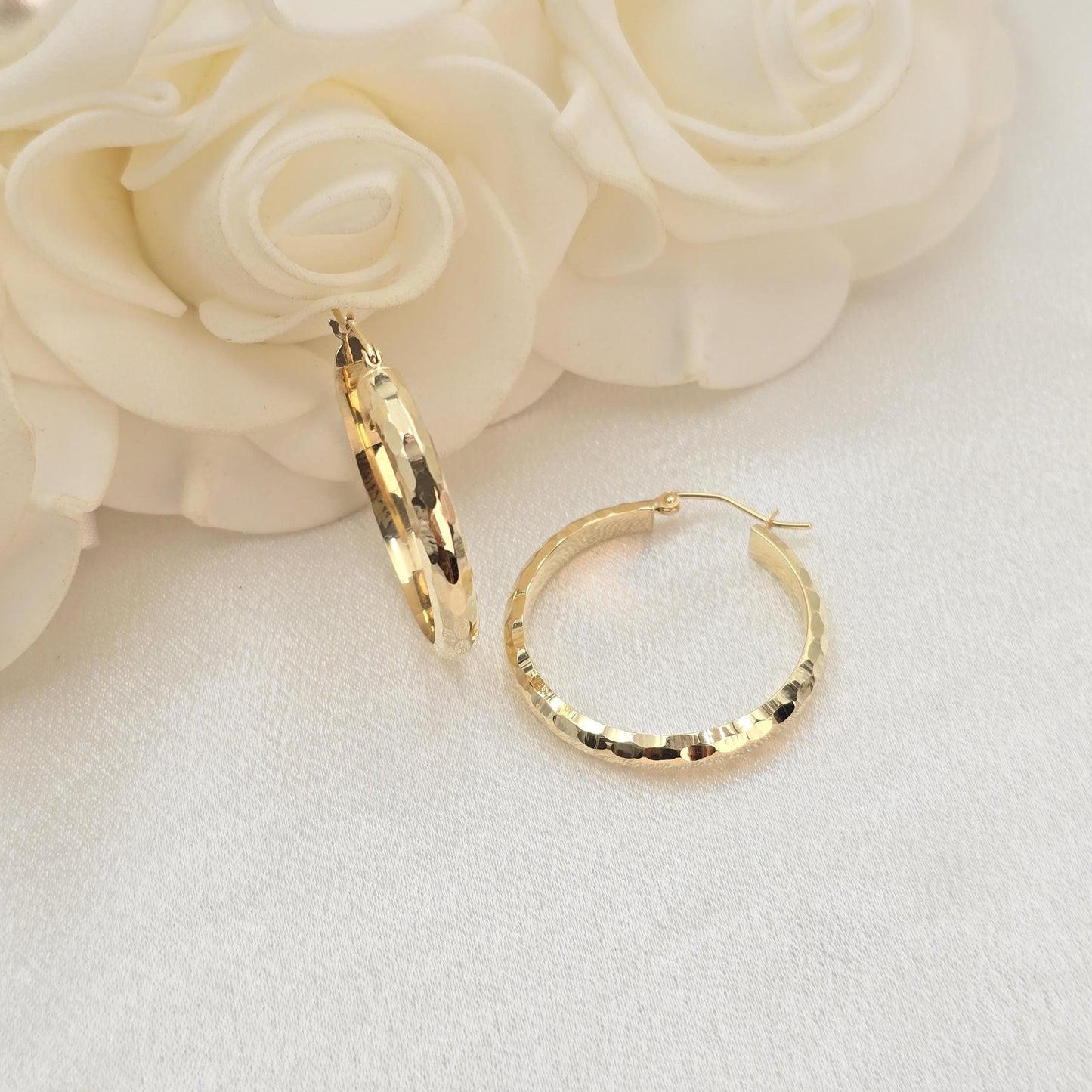 14k Gold Hammered Texture Hoop Earrings - 20mm, 30mm, 40mm - Shiny & Elegant - Fine Jewelry For Her