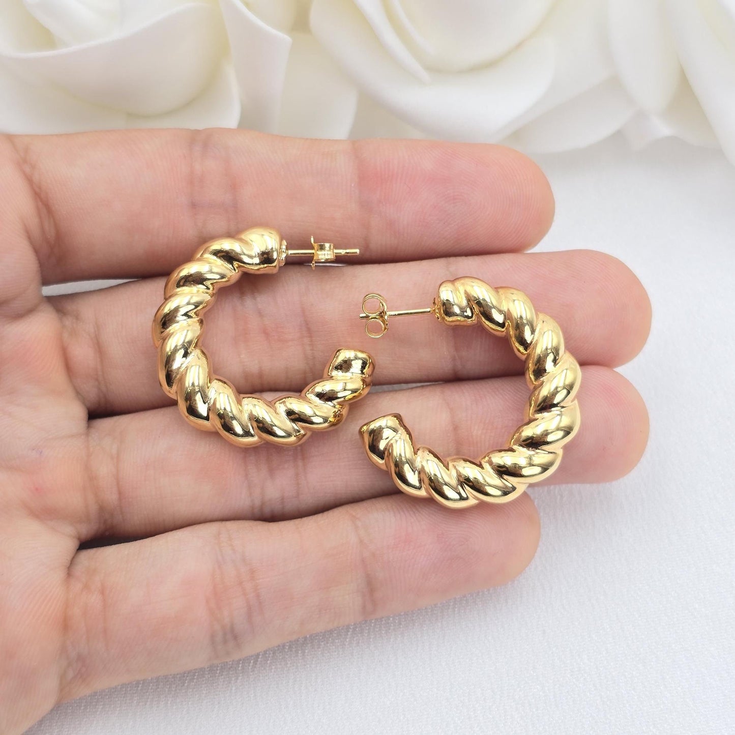 14k Gold Half Hoop Earring Set - 6mm Thick - C Hoops - Polished Shrimp Hoops - Women