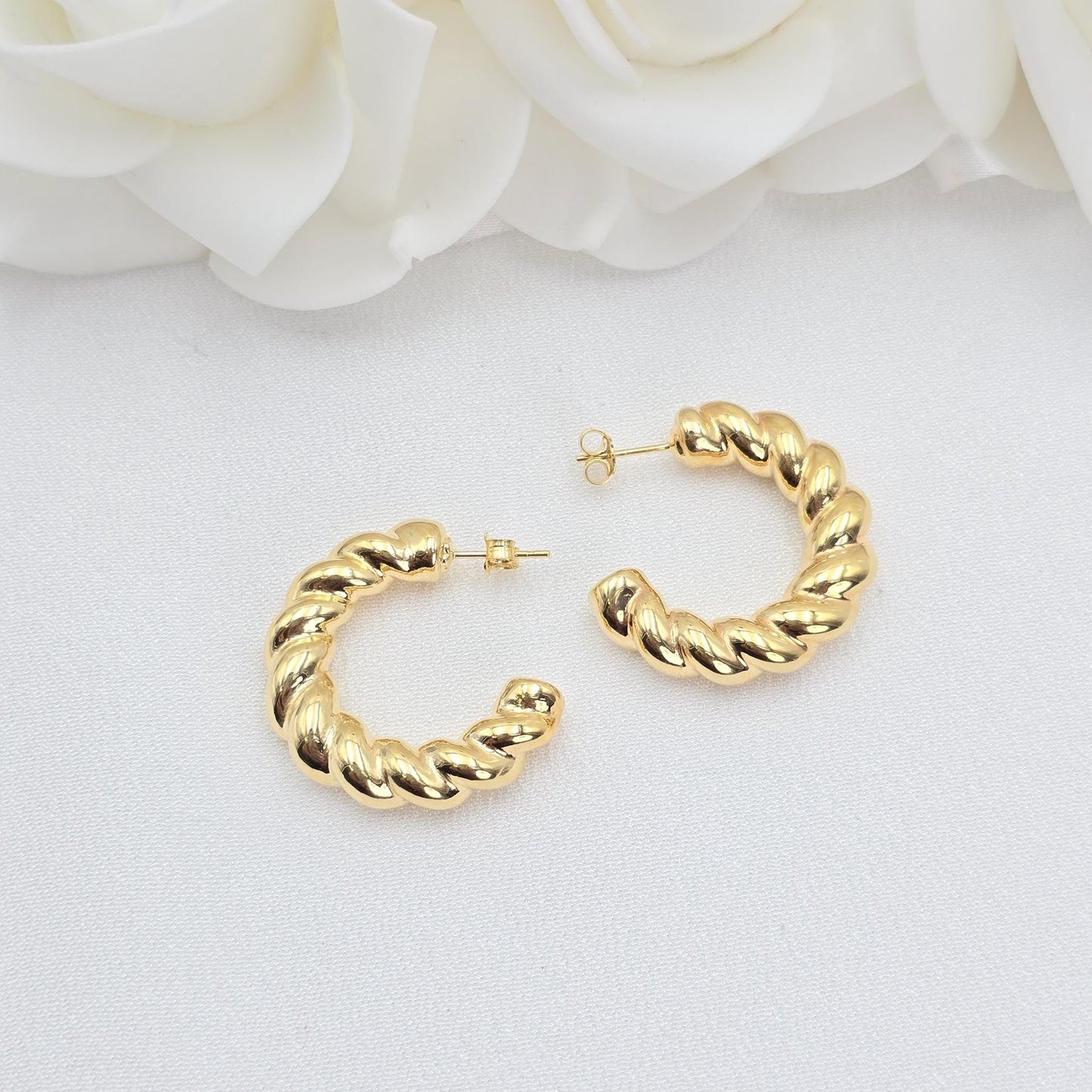 14k Gold Half Hoop Earring Set - 6mm Thick - C Hoops - Polished Shrimp Hoops - Women