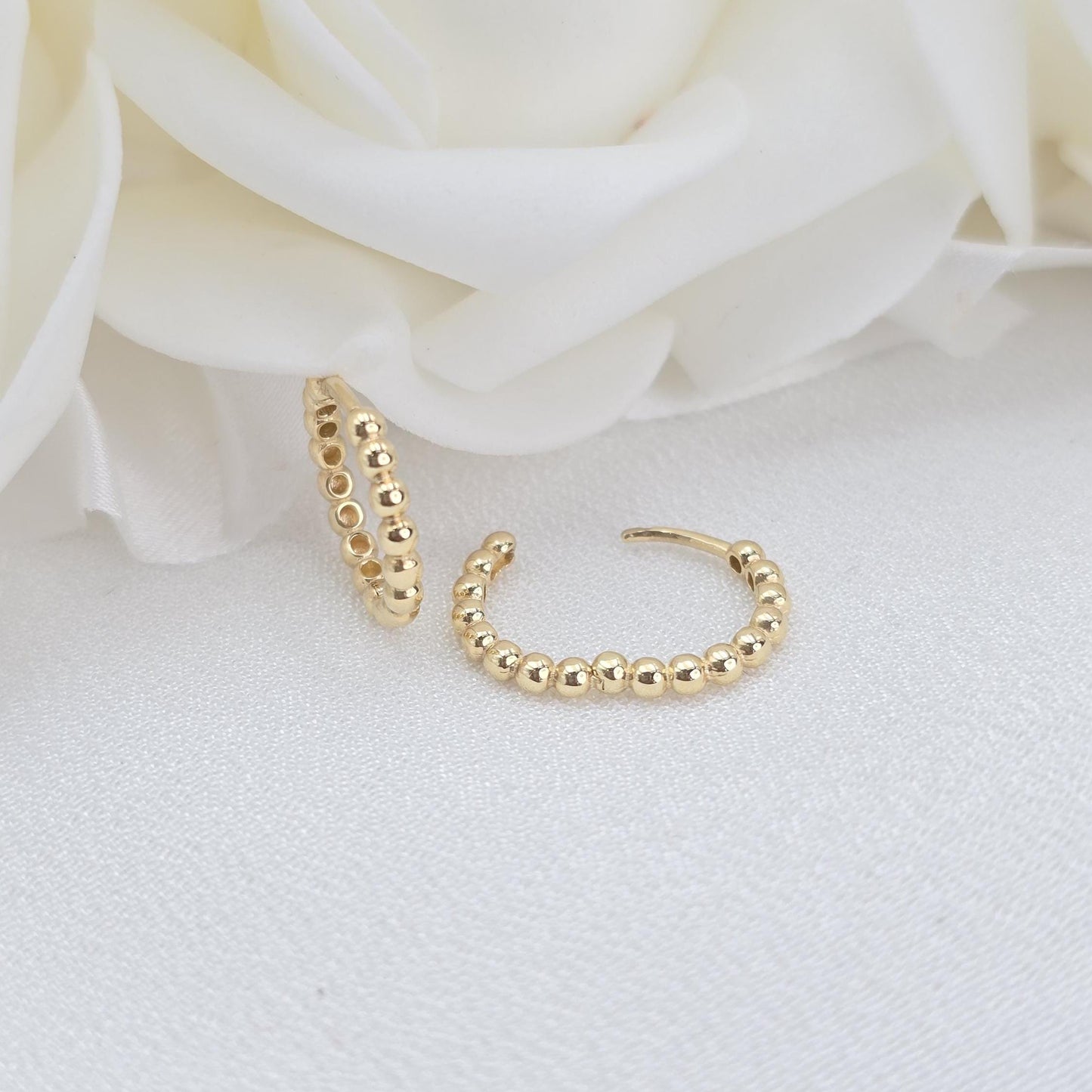 Solid 14k Gold Beads Huggies Earrings - Small Hoops - 15mm - Women & Girls - Fine Jewelry