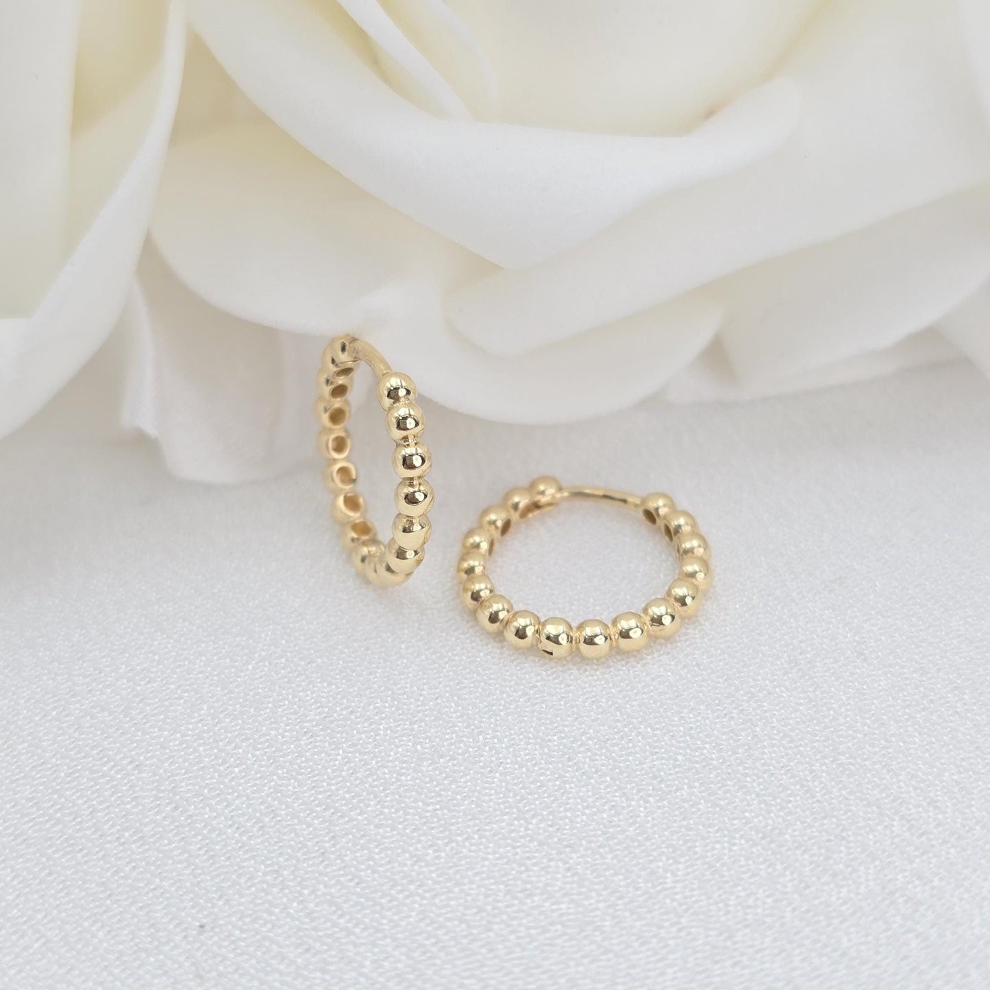 Solid 14k Gold Beads Huggies Earrings - Small Hoops - 15mm - Women & Girls - Fine Jewelry