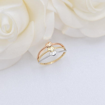 Solid 14k Gold Triple Tricolor Heart Ring - For Her - Statement Ring - Meaning Jewelry