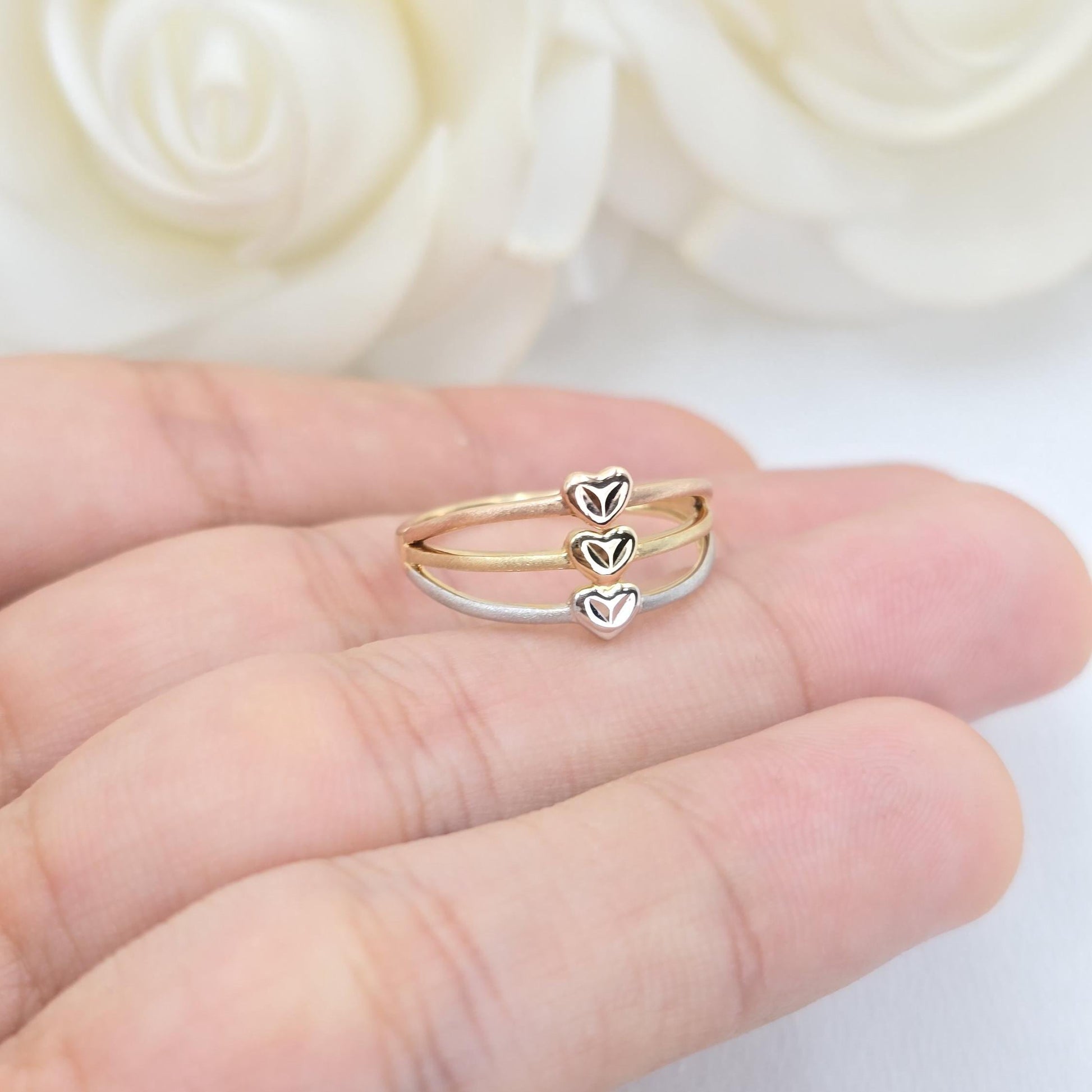 Solid 14k Gold Triple Tricolor Heart Ring - For Her - Statement Ring - Meaning Jewelry