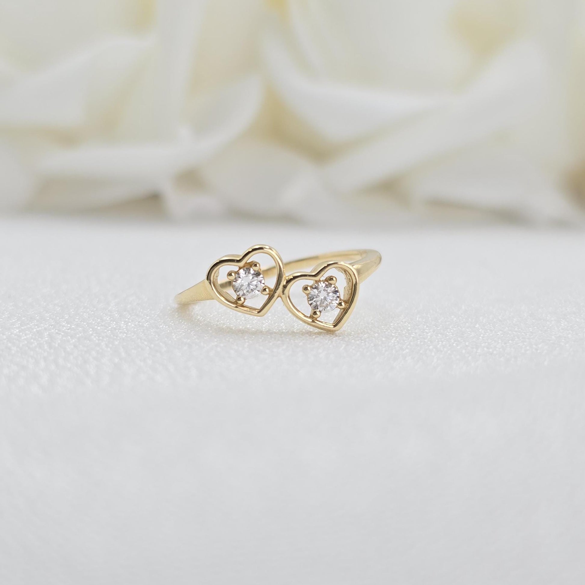 Solid 14k Gold Double Heart Ring - Fine Jewelry For Her - CZ - Elegant & Cute