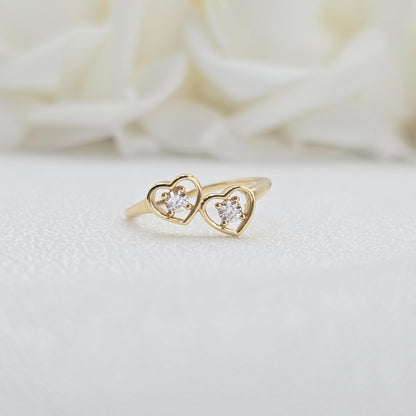 Solid 14k Gold Double Heart Ring - Fine Jewelry For Her - CZ - Elegant & Cute