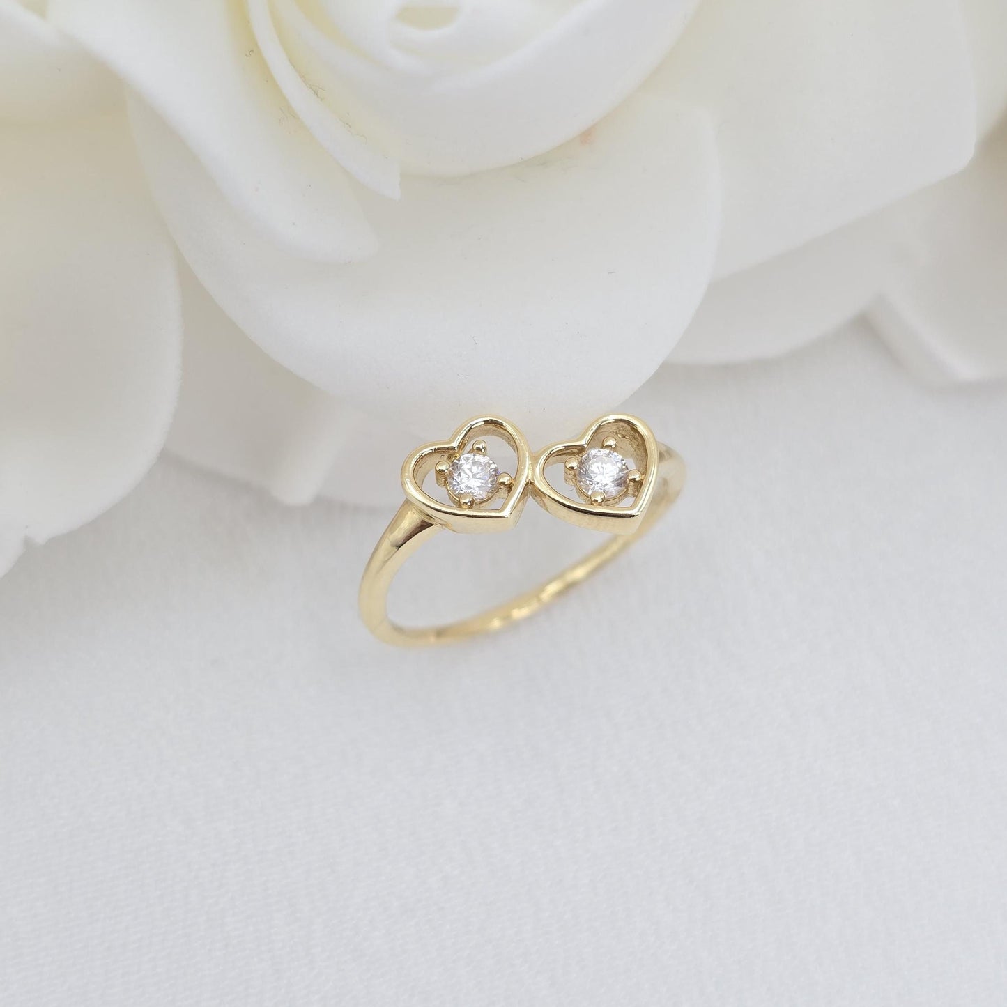 Solid 14k Gold Double Heart Ring - Fine Jewelry For Her - CZ - Elegant & Cute