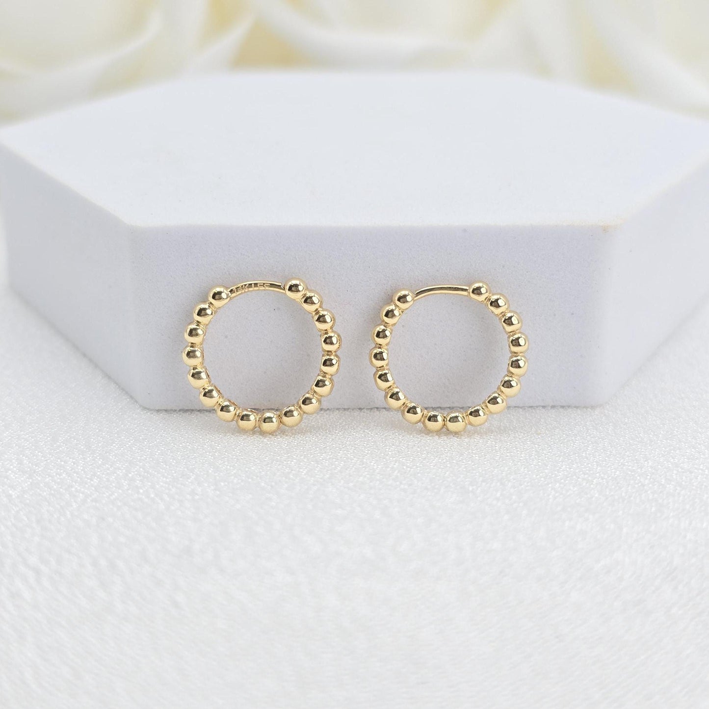 Solid 14k Gold Beads Huggies Earrings - Small Hoops - 15mm - Women & Girls - Fine Jewelry