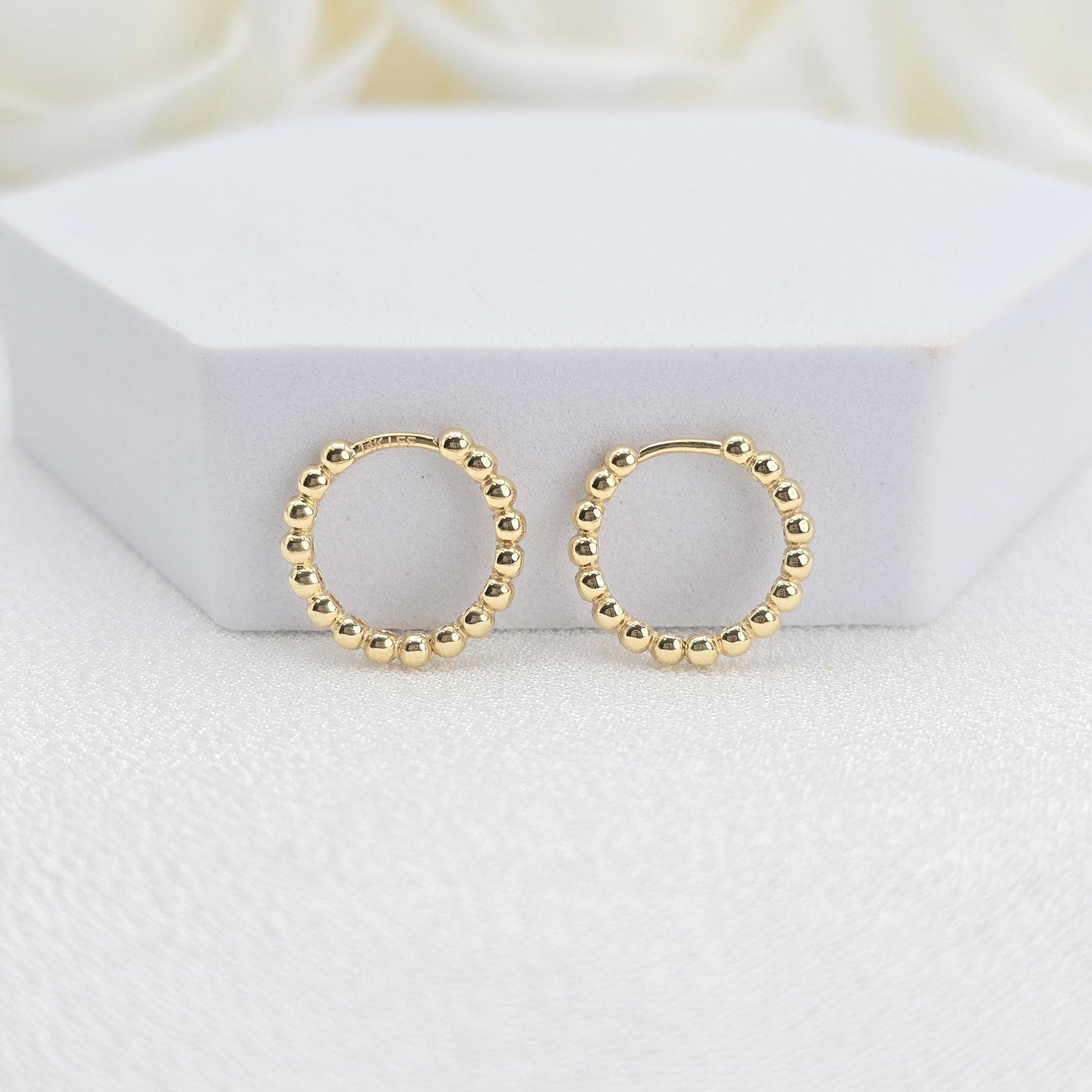 Solid 14k Gold Beads Huggies Earrings - Small Hoops - 15mm - Women & Girls - Fine Jewelry