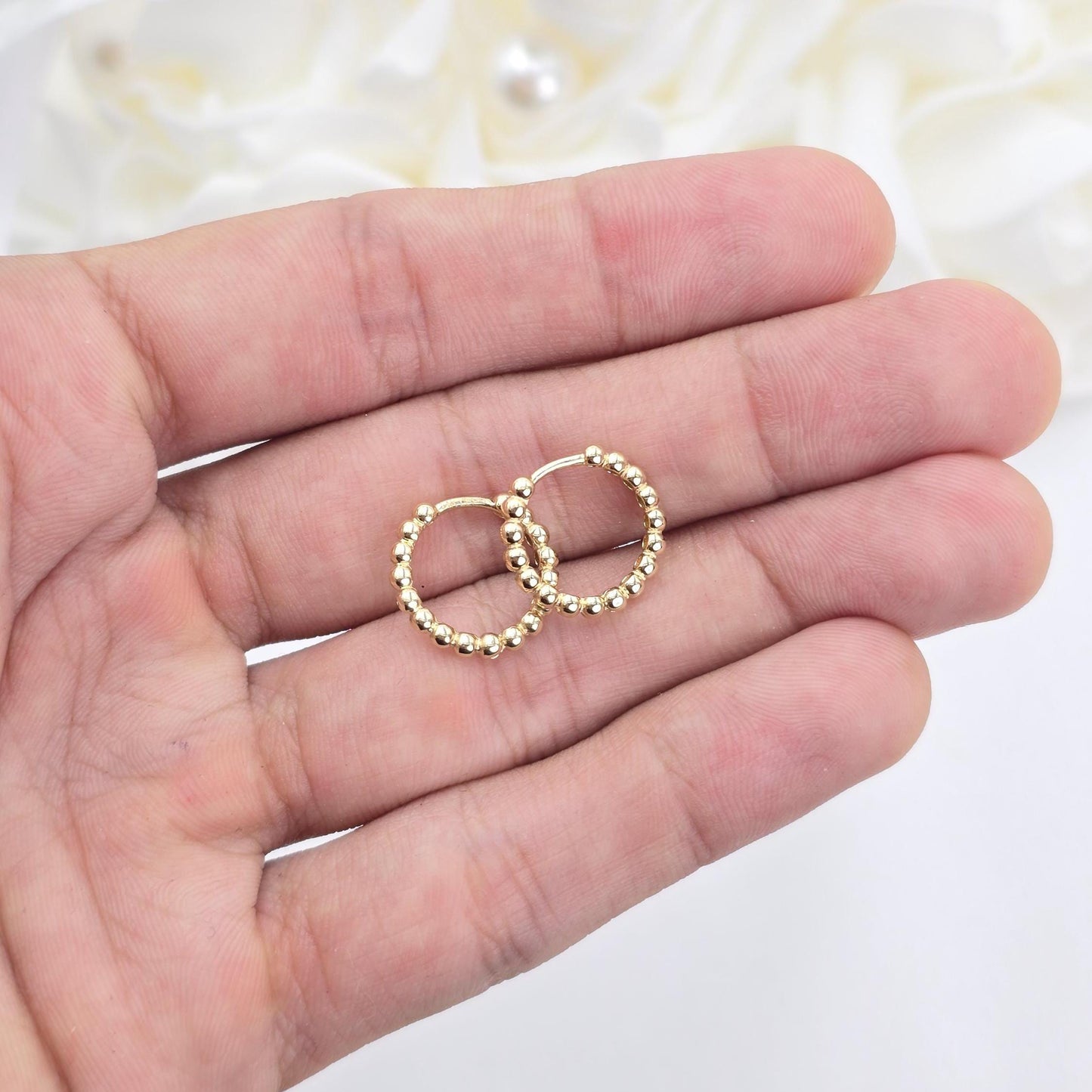 Solid 14k Gold Beads Huggies Earrings - Small Hoops - 15mm - Women & Girls - Fine Jewelry