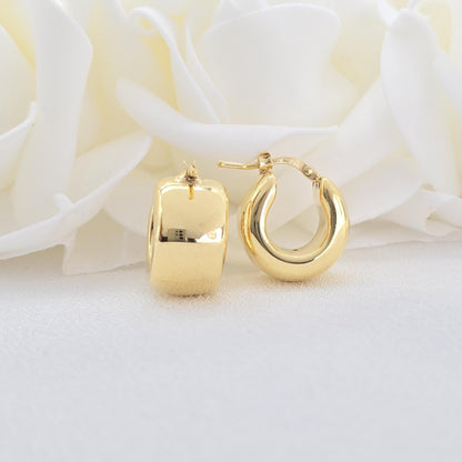 Chunky 14k Gold Huggie Earrings - 11mm Thick - Bold and Elegant Design - Polished Fine Earrings - For Her