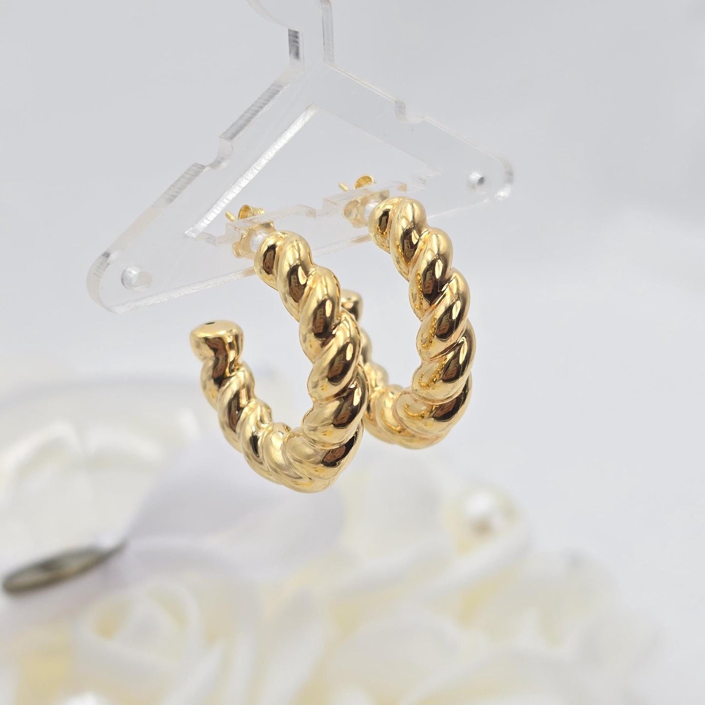 14k Gold Half Hoop Earring Set - 6mm Thick - C Hoops - Polished Shrimp Hoops - Women