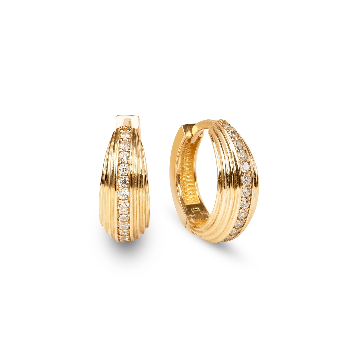 Solid 14k Gold Huggies Earrings - 14mm- 5mm thick - Small Hoops - Simulated Diamonds - Elegant & Everlasting