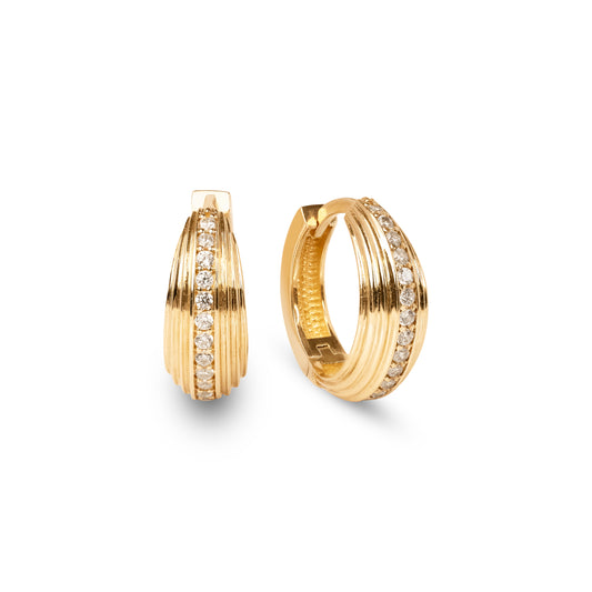 Solid 14k Gold Huggies Earrings - 14mm- 5mm thick - Small Hoops - Simulated Diamonds - Elegant & Everlasting