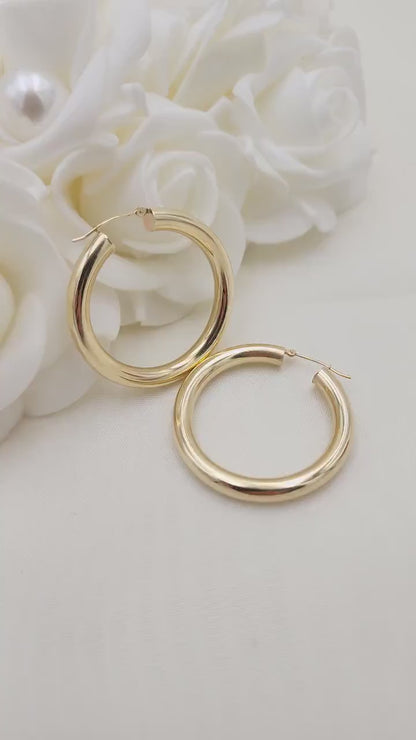 Real 14k Gold 5MM Chubby Hoop Earrings - 40MM - Polished Hoops - Perfect Gift