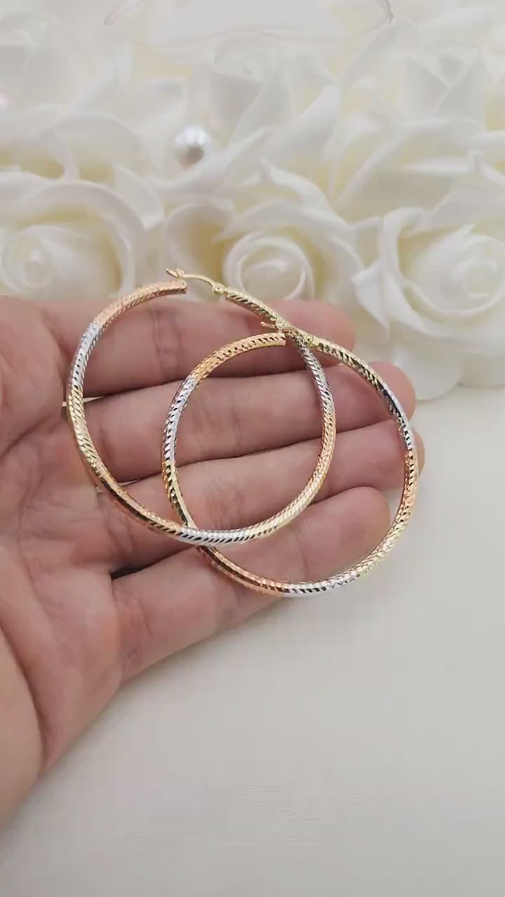 55mm 3 Tones 14k Gold Hoop Earrings - 3mm Thick - For Her - White, yellow and rose Gold