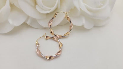 Real 14k Tri Color Gold Twisted Hoop Earrings - 3.5MM Thick -  1 Inch - Fine Jewelry - For Her