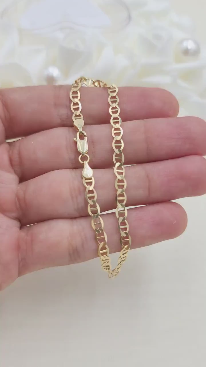 Solid 14k Gold 4MM Mariner Bracelet - 7.5 Inches - Unisex - Perfect Gift - Real Gold - Fine Jewelry -Shiny and Everlasting