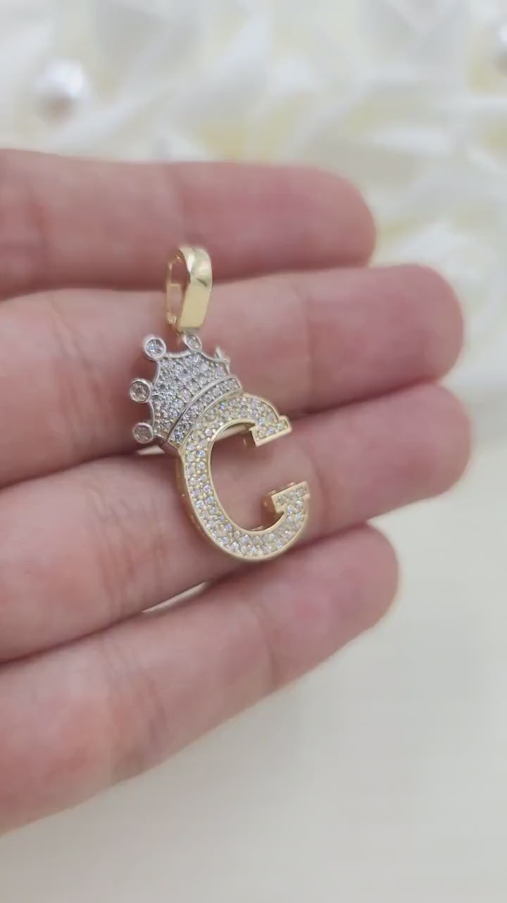 14k Gold Large Crown Initial Pendant - CZ - Real 14k Gold - Unisex - 3D