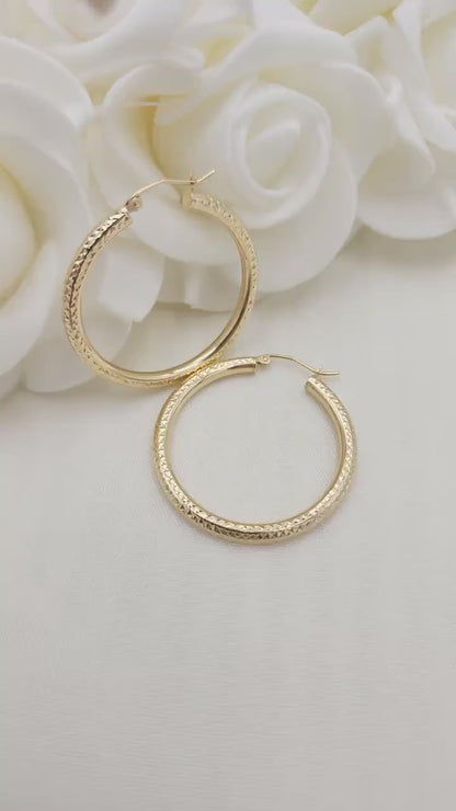 35MM 14k Gold Fully Diamond Cut Hoop Earrings - 3MM Thick - Perfect Gift - Modern Jewelry For Her