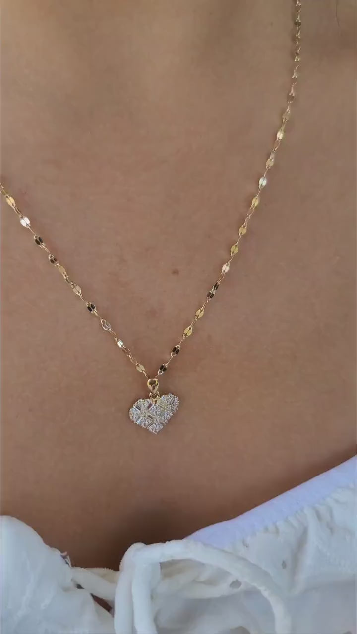 Solid 14k Gold Mosaic Heart CZ Necklace - Mirror Chain - 16, 18, 20 Inches - Gift for her