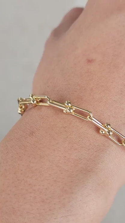 Real 14k Gold Paperclip & Beads Bracelet - Adjustable bracelet - 7.5 inch to 9 inch - For Her