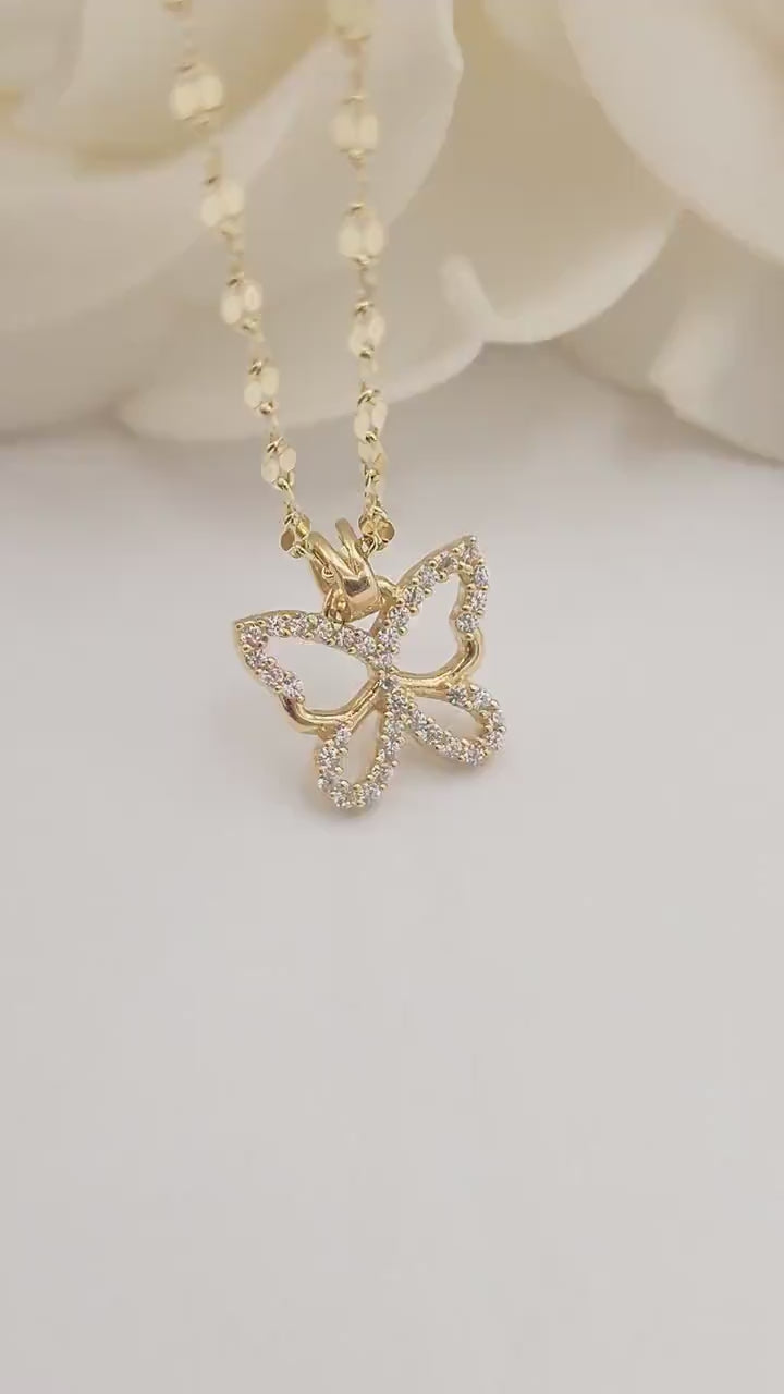 Solid 14k Gold Butterfly Charm Necklace - Curved Mirror Chain - CZ - Shiny & Sparkling - Perfect Gift For Her