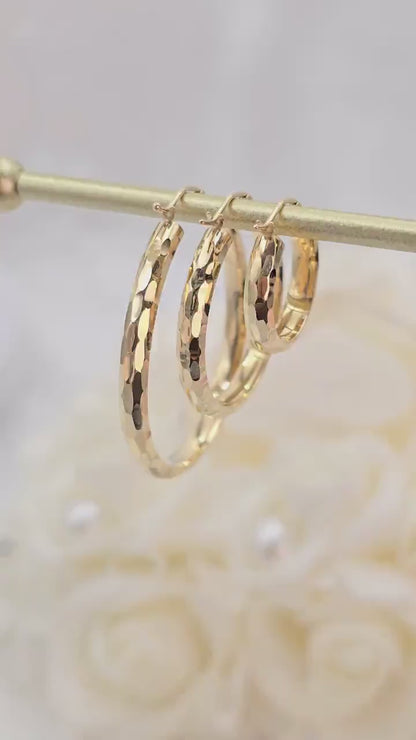 14k Gold Hammered Texture Hoop Earrings - 20mm, 30mm, 40mm - Shiny & Elegant - Fine Jewelry For Her